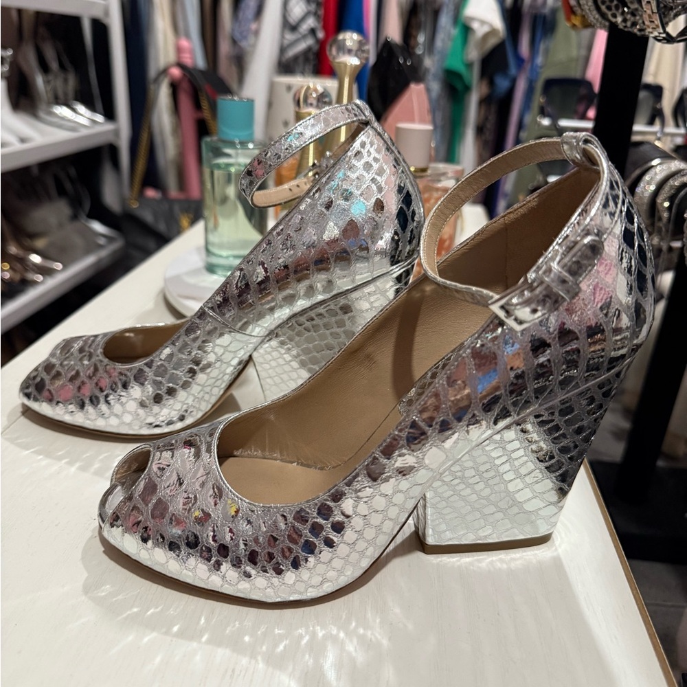 Michael Kors Collection Silver Snakeskin Peep-Toe Wedges- 6.5